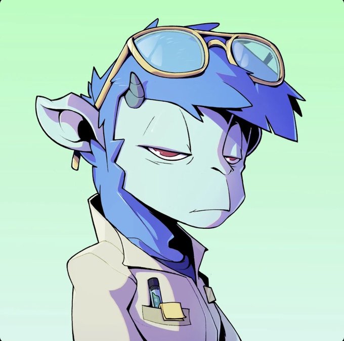 A digital illustration of a blue-skinned, horned anime-style character with red eyes wearing blue goggles on their head and a white lab coat with a marker in the pocket, against a green background.