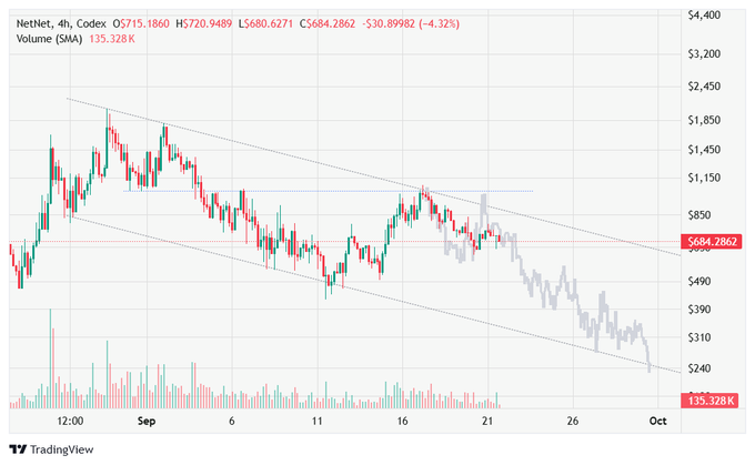 A 4-hour candlestick chart of NetNet ($NET) on Coinbase shows a sharp downtrend, with the price currently at $684.29 after a 4.32% drop (down $30.90), and declining volume of 135.328K—visually reinforcing the cautionary message about the stock's steep decline and the warning given before investing.