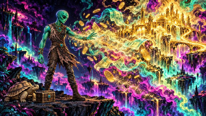 A vibrant, surreal digital illustration of a green-skinned figure standing on a cliff edge with a turtle companion, reaching toward a glowing golden city and floating coins.
