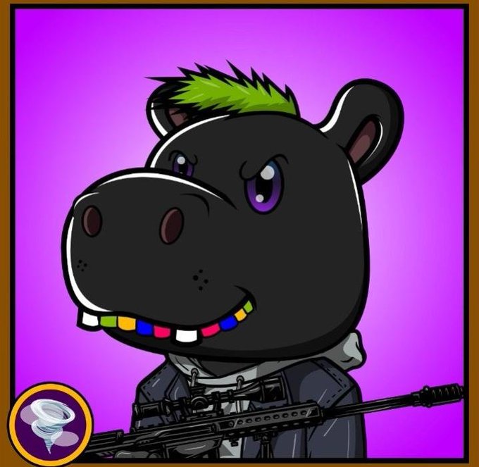 A digital cartoon illustration of a black hippo character with green hair, a colorful smile, and a sniper rifle, set against a purple background with a small tornado icon in the corner.
