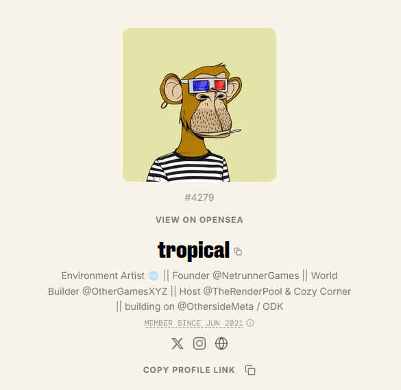 The image features a graphic of a monkey wearing glasses, with text that reads "View On Opensea Tropical. [Image link: @OthersideMeta] @BoredApeYC". The caption of the post is located under the monkey's picture, and there are multiple social media icons below it as well. These icons include @PlatformerDeveloper, @OthersideMeta, #Opensea, and #WorldCenter. The image includes a screenshot showing the monkey holding a cup in its hand, along with an image tag of @BoredApeYC.