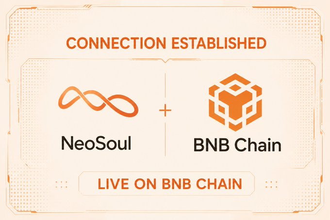 Announcement graphic reading 'CONNECTION ESTABLISHED' showing the NeoSoul logo combined with the BNB Chain logo, labeled 'LIVE ON BNB CHAIN.'
