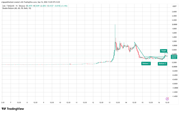 A TradingView chart for Lisk/TetherUS displaying a 'Double Bottom' technical analysis pattern with Entry and Target labels.