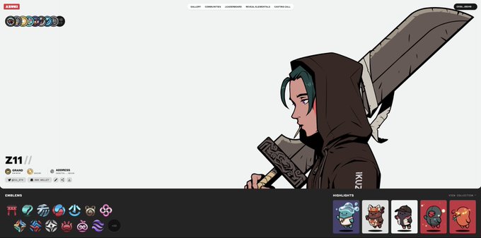 A webpage screenshot showing a hooded anime-style character with a large sword, labeled 'Z11', alongside an 'EMBLEMS' section and 'HIGHLIGHTS' featuring various NFT-style character cards.