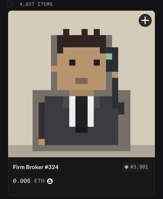 A screenshot of a digital marketplace displays a pixel art character named 'Firm Broker #324' wearing a suit and tie, priced at '0.006 ETH' out of '4,937 ITEMS'.
