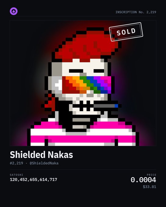 An NFT listing showing pixel art of a character with rainbow bars over its eyes, titled "Shielded Nakas" (Inscription No. 2,219) marked as SOLD at 0.0004 BTC.