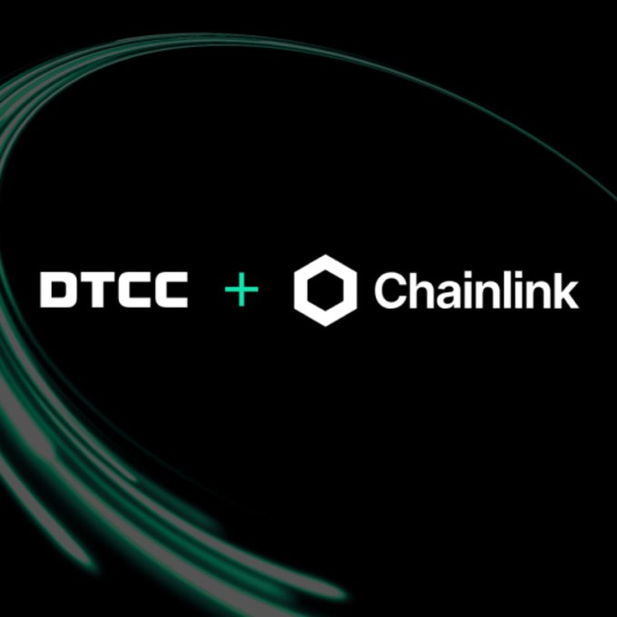 A promotional graphic on a black background with green swirling lines displaying 'DTCC + Chainlink', indicating a partnership between the Depository Trust & Clearing Corporation and Chainlink.