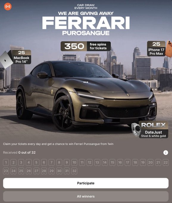 A promotional banner from 1win advertises a monthly car giveaway featuring a Ferrari Purosangue as the main prize, alongside 25 MacBook Pro 14" laptops, 25 iPhone 17 Pro Max phones, and 25 Rolex DateJust Steel & White Gold watches, with 350 free spins for tickets offered to participants who deposit $10+ and claim tickets over 32 days.