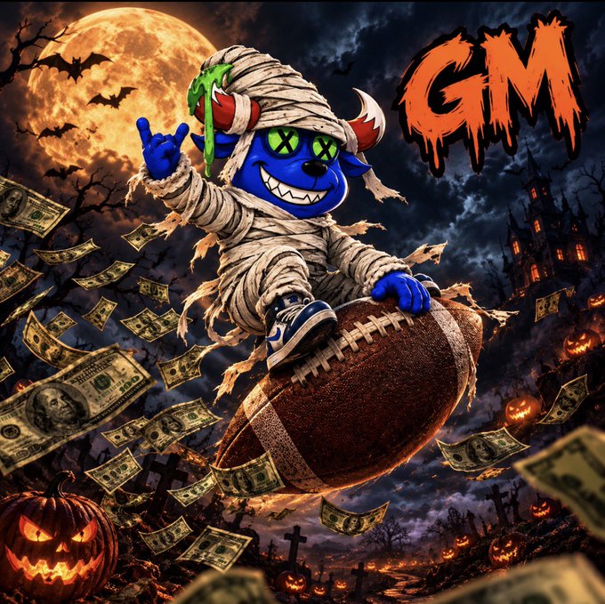 A blue cartoon character wrapped in mummy bandages rides a football through a Halloween scene with a full moon, bats, jack-o'-lanterns, and flying money, alongside the word 'GM'.
