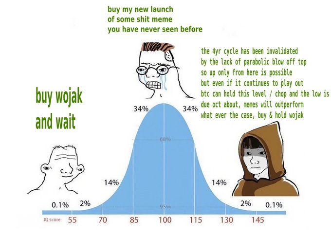 The image features a graph that shows the popularity of various memes over time. The graph displays different types of memes at various points in time, with their respective popularity levels represented by bars. The meme "Wojak" appears to be the most popular among these memes, as it has consistently been at the top of the list for several months. The image also includes text that reads: "buy my new launch of some shit meme you have never seen before. You have never seen this level of popularity before. The 4th cycle has been announced by the lack of paralegal blow off, so up only from here is a top-level case. Even if it continues to perform well, it will chop the Law is buy wojak green".