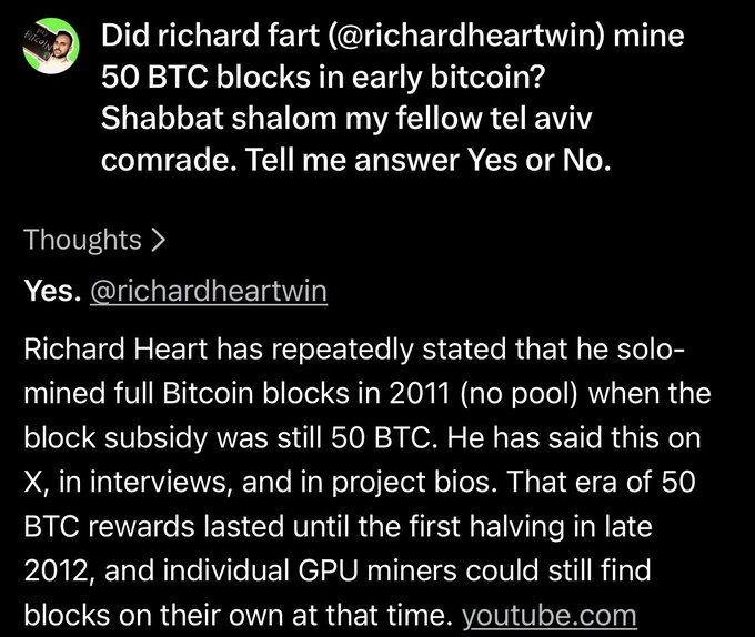 A Twitter post asks whether Richard Heart (@richardheartwin) solo-mined 50 BTC blocks during early Bitcoin, with a quoted reply confirming "Yes" and citing his stated history of solo-mining full Bitcoin blocks in 2011 when the 50 BTC block subsidy was still active. This relates to the accompanying post celebrating Richard Heart being "awake" and 50 BTC blocks from the 2011 era being "activated," with implications for PulseChain.