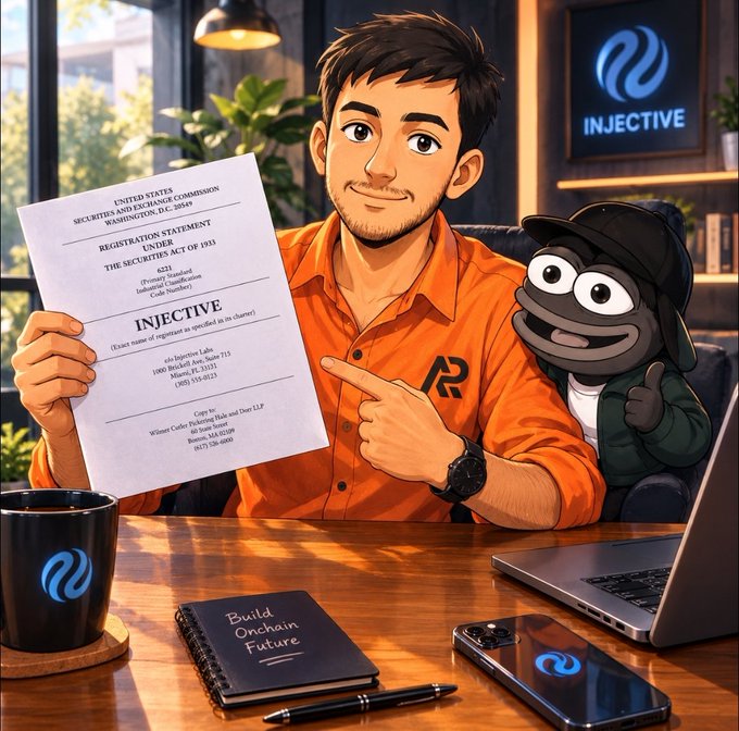 An animated illustration of a young man in an orange shirt holding a 'Registration Statement' document with 'INJECTIVE' text, alongside a smiling character and an 'INJECTIVE' logo in the background.