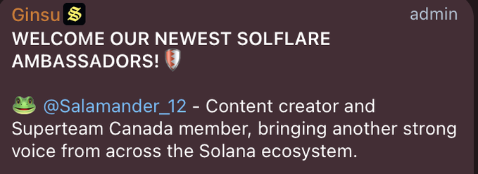 A message from the Solflare Discord channel announces their newest ambassador, @Salamander_12, described as a content creator and Supertam Canada member contributing to the Solana ecosystem. The post "locking in with @solflare pew peww" reflects community enthusiasm for the announcement.