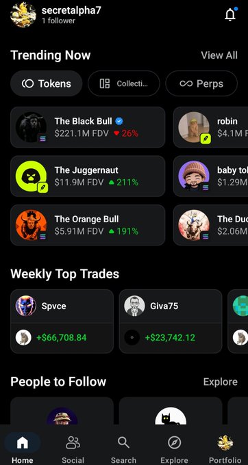 The image shows a screenshot of the OpenSea mobile app's "Trending Now" feed, featuring tokens like "The Black Bull" at $221.1M FDV (down 26%), "The Juggernaut" at $11.9M (up 211%), and "The Orange Bull" at $5.91M (up 191%), along with Weekly Top Trades and a People to Follow section. It illustrates the post's positive first impression of OpenSea's clean, fast interface with easy navigation designed for collectors and traders.
