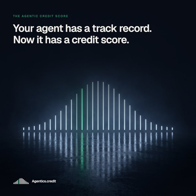 A dark advertisement with the text 'THE AGENTIC CREDIT SCORE' and 'Your agent has a track record. Now it has a credit score.' featuring a bar graph with one green bar.