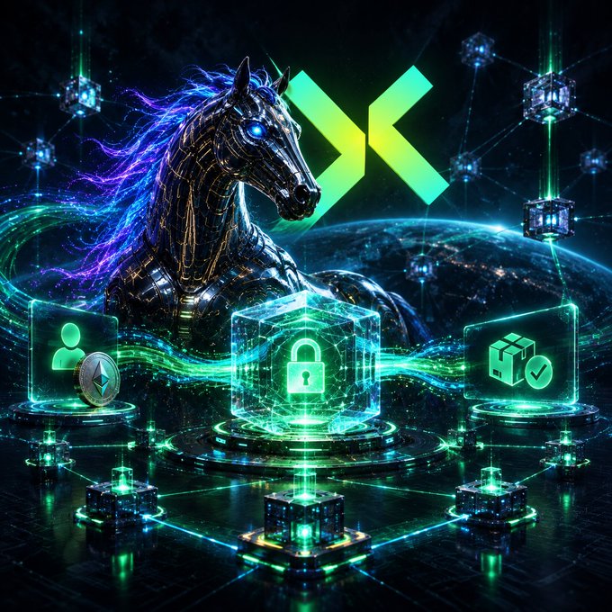 A vibrant digital artwork featuring a metallic robotic horse with a glowing purple mane. The horse stands behind a glowing green cube with a padlock icon, set against a cosmic background with interconnected nodes and an Ethereum logo.