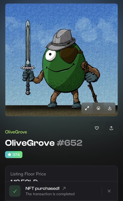 A screenshot of an NFT storefront showing the purchase of "OliveGrove #652" for 118 EGLD, featuring a cartoon olive character with an eye patch, fedora, and sword, with a notification confirming "NFT purchased! The transaction is completed."