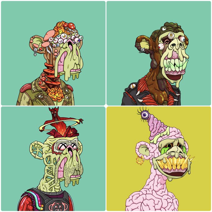 Four illustrations of grotesque zombie-like Bored Ape characters with mutated features including extra eyes, exposed brains, distorted faces, and unusual appendages against teal and yellow backgrounds, resembling the 'Mutant Ape Yacht Club' NFT style.