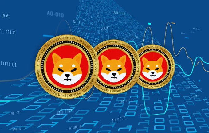 The image displays the Shiba Inu coin logo against a backdrop of digital code and financial charts, symbolizing the cryptocurrency's presence in the financial market. The visual directly relates to the post by illustrating the subject of discussion: the price action of Shiba Inu ($SHIB).