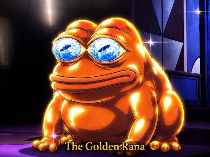 A digital artwork of 'The Golden Rana' (a golden frog with diamond-encrusted eyes), which is the mascot for the Rana token, sitting on a stage.