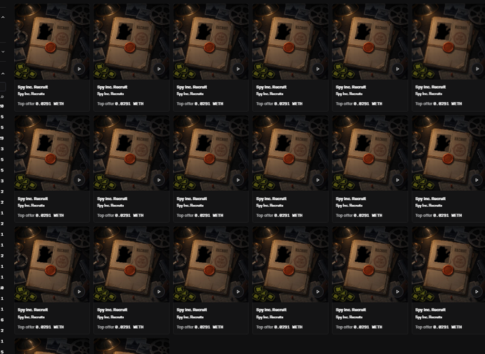 The image displays a grid of 17 nearly identical screenshots from what appears to be a marketplace or token trading platform, each showing a "Spy Inc. Maxwell" NFT with "Top offer @ 0.0291 WETH" listed beneath. The repetitive display of these listings visually reinforces the post's message about an abundance of available opportunities, suggesting that "Spy Inc." is a project with significant volume and activity worth paying attention to ahead of their token launch.