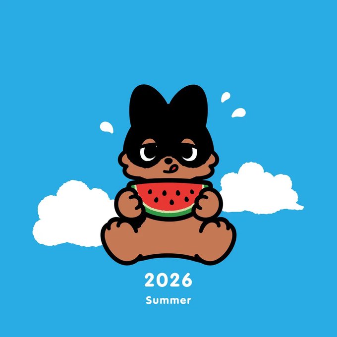 Cartoon of a small brown character wearing a black cat mask holding a watermelon slice against a blue sky with clouds, labeled '2026 Summer'.