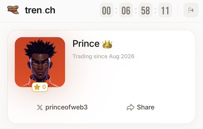 A countdown timer on tren.ch shows approximately 6 hours and 58 minutes remaining for user "Prince 👑" (handle: @princeofweb3, trading since Aug 2026) to join what appears to be a time-sensitive airdrop promotion with 0 stars. The profile display aligns with the post's instructions to visit tren.ch/@princeofweb3, connect X, and participate before the clock expires.