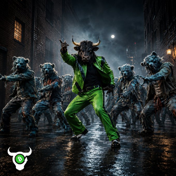 A figure wearing a green suit and a bull/minotaur mask dances in a dark, wet alleyway surrounded by zombie-like creatures, with a bull logo containing the Bitcoin 'B' symbol in the bottom left corner.