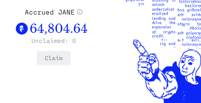 A screenshot displays "Accrued JANE" rewards totaling 64,804.64 with 0 unclaimed and a "Claim" button, alongside a blue pixel-art illustration of a masked figure pointing upward and jumbled text discussing credit expansion. The image highlights the substantial $3Jane (JANE) rewards available to users following the protocol's $100M deposit cap increase and subsequent borrowing activity on Morpho PT $USD3.