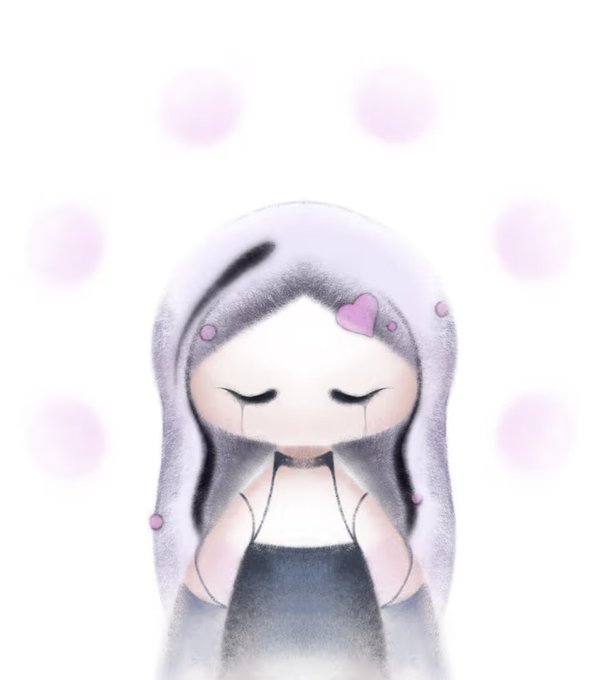 A pastel illustration of an anime-style girl with long lavender hair, closed eyes, a small pink heart on her forehead, wearing a dark dress, surrounded by soft pink polka dots on a white background.