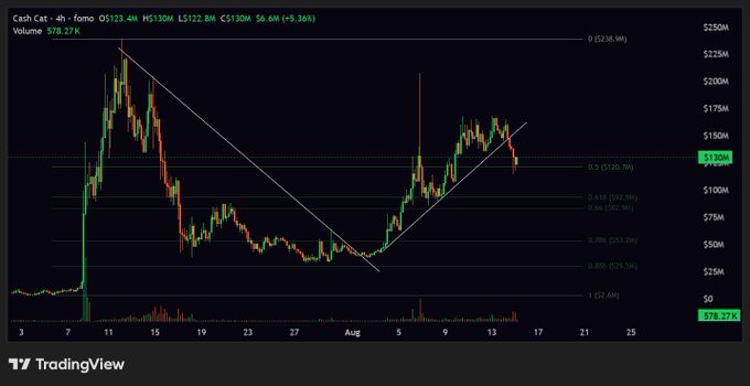 A 4-hour TradingView chart of Cash Cat ($CASHCAT) showing price action in the $150M range with Fibonacci retracement levels and a descending trendline, illustrating the post's observation of a breakout from 30-40M that has lost momentum near $150M and may face a larger correction.