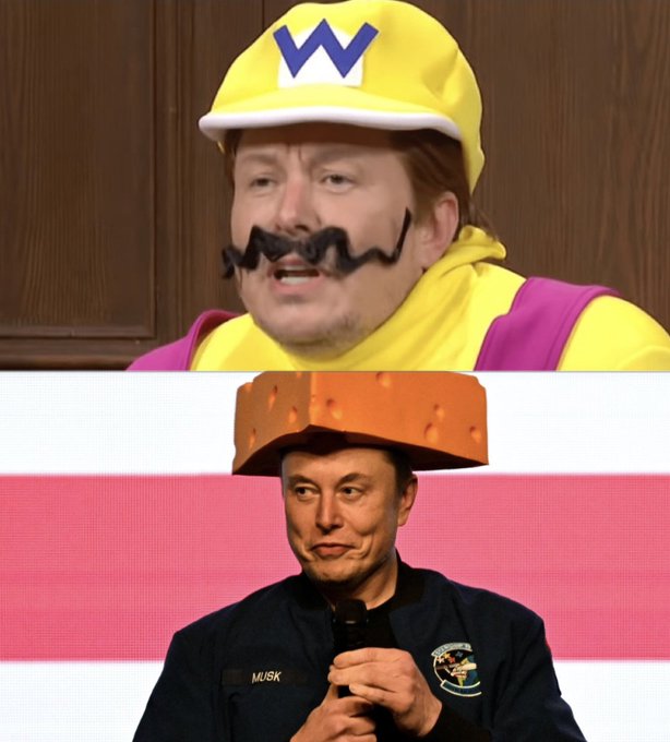 The image is a meme comparing two figures: the top shows a man dressed as Wario (with a yellow "W" cap and mustache), while the bottom shows Elon Musk wearing an oversized cheese hat, visually suggesting the post's joke that a mischievous Wario-like character is behind the @elonmusk account.