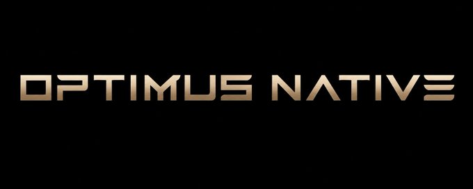 The image displays a stylized logo with the text "OPTIMUS NATIVE" in a metallic gold font against a black background, reinforcing the post's playful "Optimus-native future" reference to Tesla's humanoid robot project.