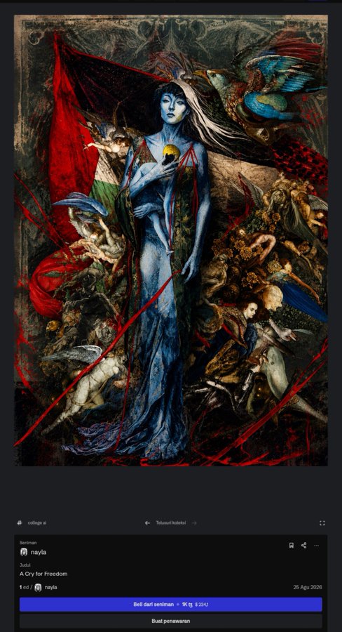 A surreal digital collage featuring a blue-skinned woman holding a golden orb, surrounded by chaotic imagery and red threads, displayed as an NFT titled 'A Cry for Freedom' by nayla on a marketplace.