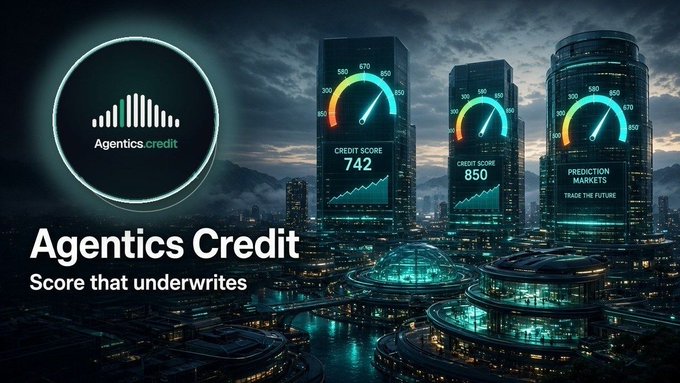 A promotional graphic for 'Agentics Credit' with the text 'Score that underwrites', featuring a futuristic city skyline with digital score displays showing 742 and 850.