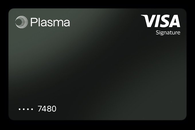 A sleek black Visa Signature credit card branded with the "Plasma" logo, displaying a partial card number ending in "7480," promoting a partnership giveaway where 20 winners receive $50 each for signing up with the code "IKUZOO."