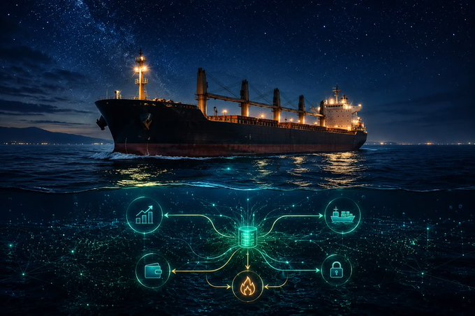 A nighttime scene of a large cargo ship sailing under a starry sky, with an overlay showing glowing digital icons including charts, a ship, a wallet, a lock, and a flame representing blockchain or logistics technology.
