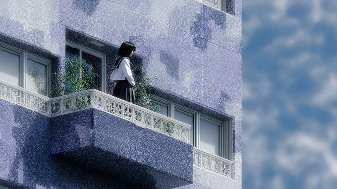 A girl stands on a purple-tinted apartment balcony gazing out at the sky, accompanied by a "Gm Happy Sunday" message that sets a calm, reflective tone for the morning.