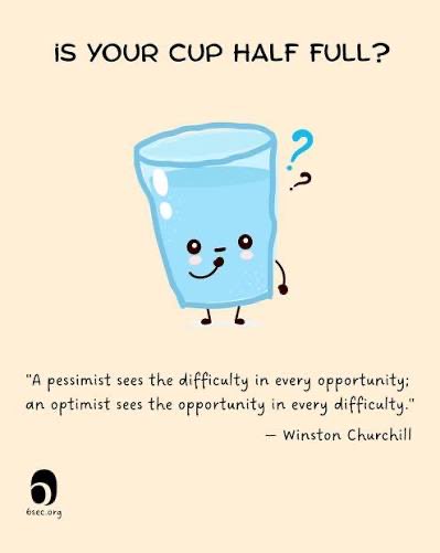 An illustration of a smiling half-full water glass with the caption 'IS YOUR CUP HALF FULL?' and a Winston Churchill quote about optimists and pessimists.