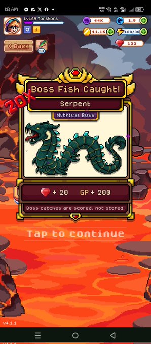 xtra, a character from the game Boss Fish Caught, is shown with a sword and shield, ready for battle against the dragon.