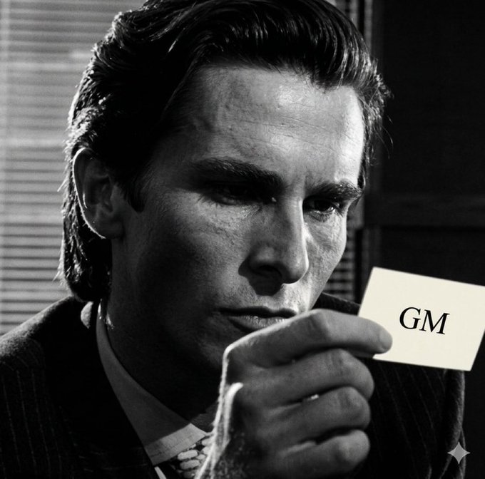 The image features a man wearing a suit, holding up a piece of paper with the letters "G" and "M" written on it. The photo appears to be black and white, giving it an artistic touch. The man's expression suggests that he is deep in thought or contemplation as he looks at the card. The post includes a reference to the word "Frens", which could potentially be related to the man's name or some other context within the image.
