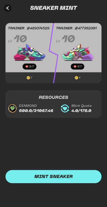 iphone screen displays two sneakers, a pink and white sneaker with a green sole and a purple and white sneaker with a red sole, along with their respective prices and ratings.