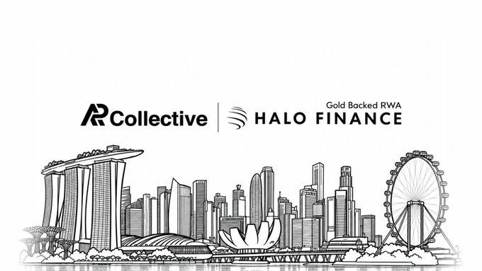 A black-and-white line drawing of the Singapore skyline featuring Marina Bay Sands and the Singapore Flyer, overlaid with logos for 'AR Collective' and 'HALO FINANCE Gold Backed RWA'.