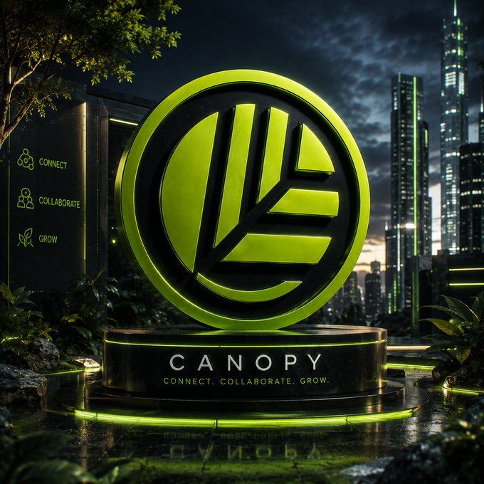 A glowing green Canopy logo on a black pedestal reads 'CONNECT. COLLABORATE. GROW.' set against a dark cityscape at night with menu options 'CONNECT,' 'COLLABORATE,' and 'GROW' on the left.