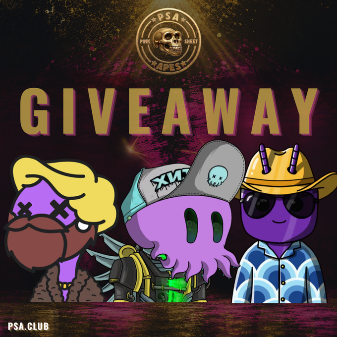 A 'GIVEAWAY' promotional graphic for PSA Punk Street Apes featuring three cartoon characters: a purple-haired pirate, a tentacled creature in a cap, and a purple ape in a yellow cowboy hat and sunglasses.