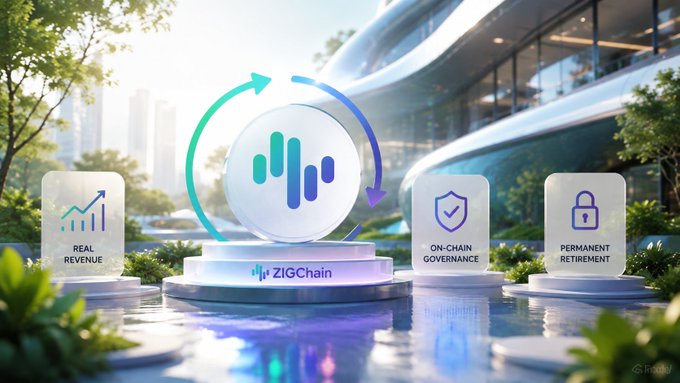 A futuristic digital rendering features the 'ZIGChain' logo at the center of a glowing display, surrounded by floating panels highlighting features such as 'REAL REVENUE', 'ON-CHAIN GOVERNANCE', and 'PERMANENT RETIREMENT' against a modern building background.