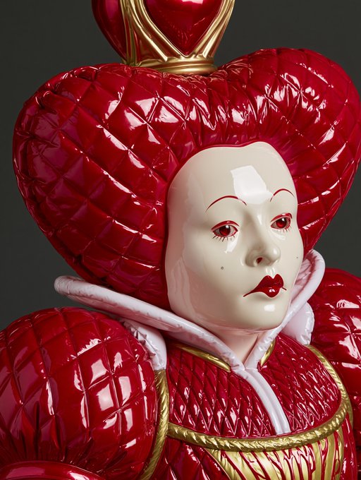 A glossy red and white sculpture of the Red Queen from Alice in Wonderland, featuring a heart-shaped crown and quilted texture.