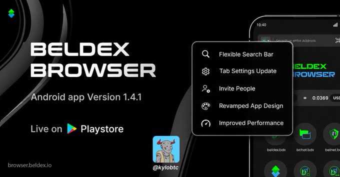 A promotional graphic for 'BELDEX BROWSER' Android app Version 1.4.1, highlighting features like 'Flexible Search Bar', 'Tab Settings Update', 'Invite People', 'Revamped App Design', and 'Improved Performance'.