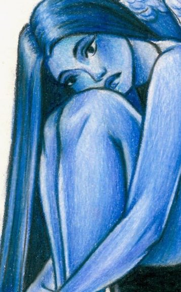 A blue-toned painted portrait of a figure with long hair resting their head on their knee, rendered in a stylized anime-like aesthetic.