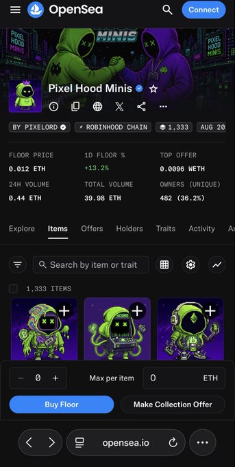A screenshot of an OpenSea mobile page for the 'Pixel Hood Minis' NFT collection by 'PIXELORD' on the 'ROBINHOOD CHAIN'.